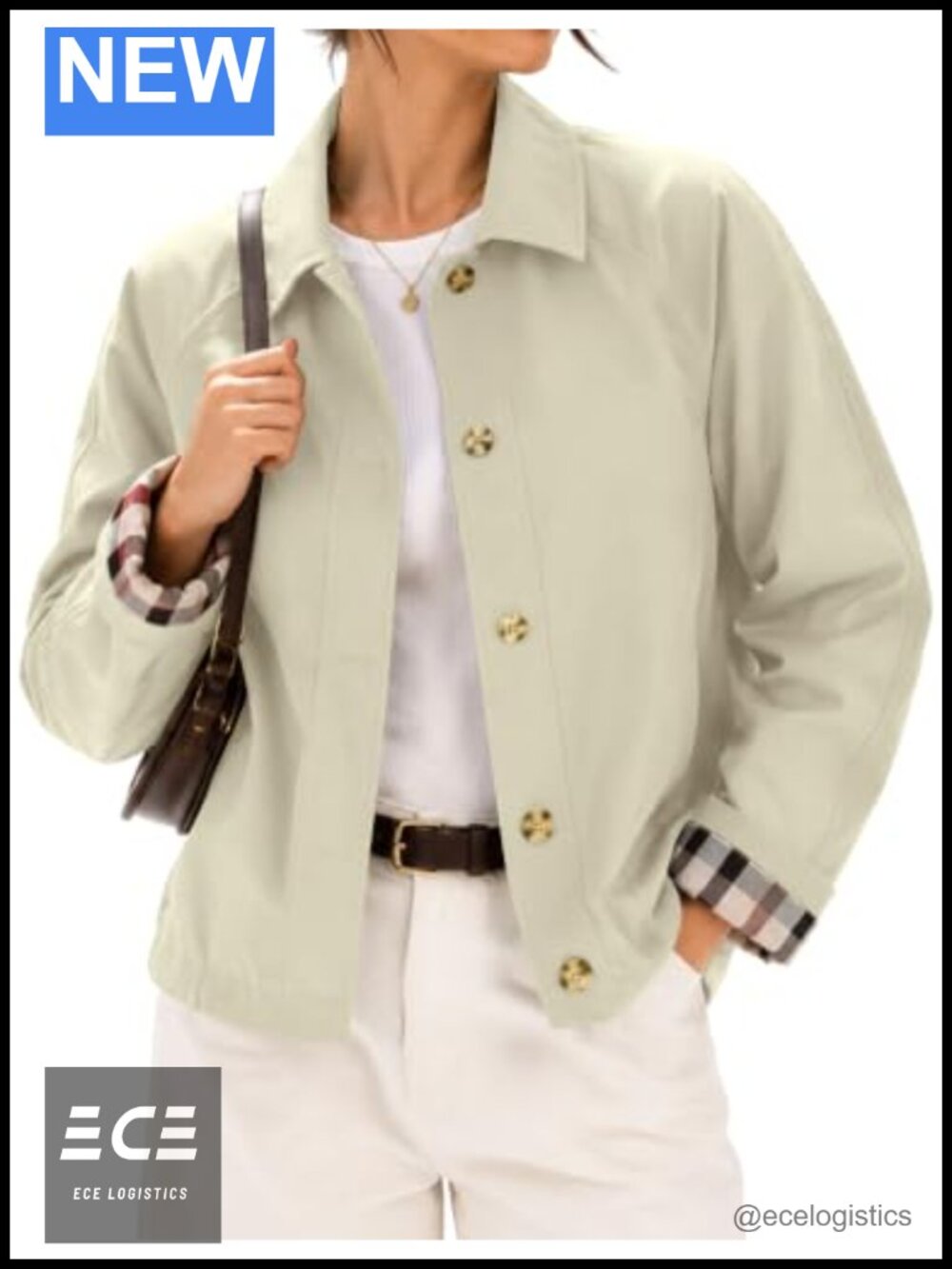 Womens Short Trench Jacket Plaid Lining Button Front Lightweight Casual
